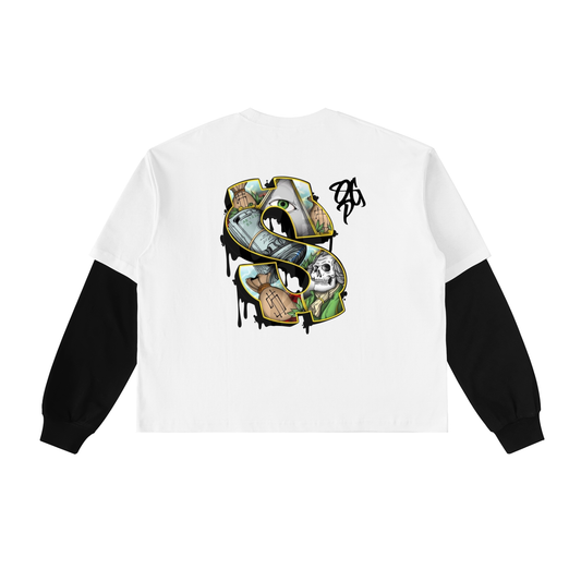 Layered Contrast Sleeve Cotton T-Shirt